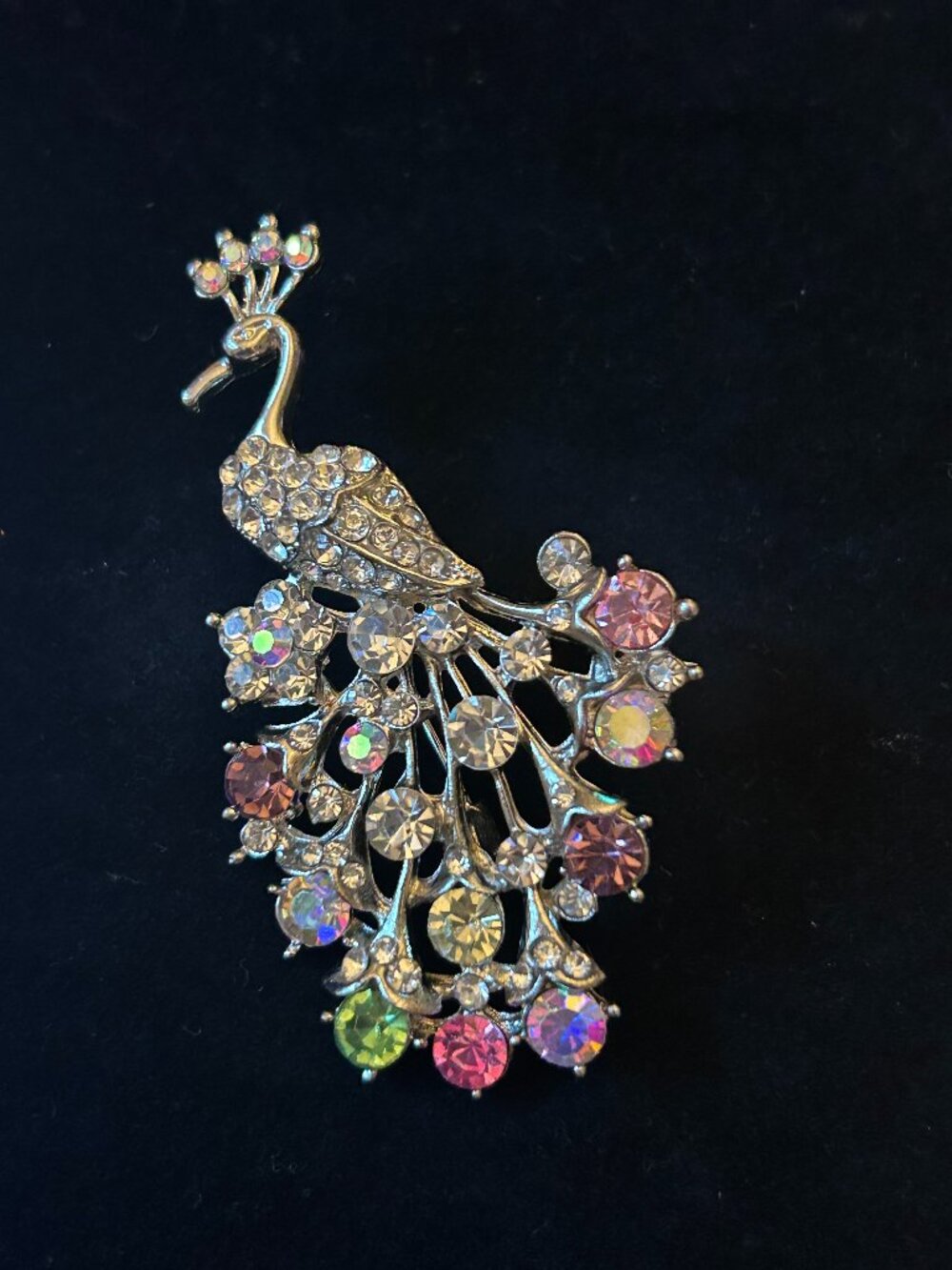 Silver Peacock Brooch Pin Multicolor AB Rhinestones Pastel Sparkle Statement